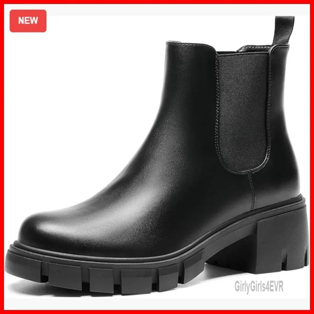 Women's Elastic Chelsea Ankle Boots Platform Low Chunky Heel Slip On